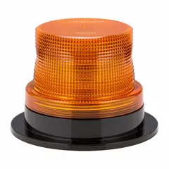 Amber LED warning beacon with round shape, 3 5/8 in overall height, and 12-80V DC operating voltage. Features 12 selectable flash patterns, bolt mount, connector electrical connection, and includes (3) 13" long wires. SAE Class 2 rated for low-speed warning applications on vehicles in construction, utility, and industrial settings.
