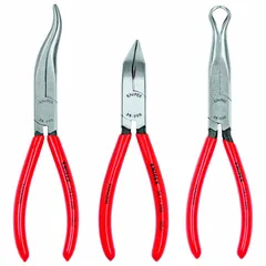 This set includes long-nose pliers with serrated jaws and an integrated cutter, suitable for precision gripping and cutting tasks in electrical, mechanical, and maintenance work. Overall length: 8 in; jaw length: 2 7/8 in; max jaw opening: 2 in.