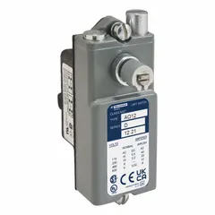 This rotary-motion limit switch body from the 9007AW series is a plug-in unit with screw clamp terminals. The metallic housing is suited for industrial environments where mechanical motion detection is required. Typical applications include position sensing in conveyor systems, packaging machinery, and machine tools.