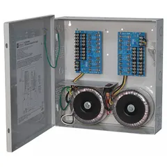 This power supply board with steel enclosure converts 115V AC input to 24V AC output at 25A. It features 16 fuses for individual circuit protection. Suitable for powering and distributing fused 24V AC to security, access control, and industrial automation equipment.