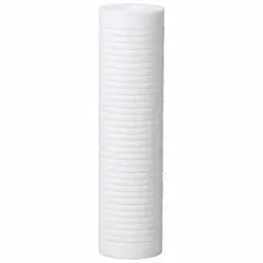 Solid water filter cartridge with polypropylene filter media. Rated for 16 gpm flow. Overall height 19 1/2 inches. Used for sediment filtration in commercial and industrial water systems to remove suspended particles.