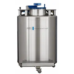 Cryogenic storage system with 34 in overall diameter, constructed of stainless steel. Includes a folding step for access. Used for low-temperature preservation of samples or materials in laboratory and industrial settings.