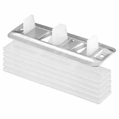 This hanging door guide measures 3-3/4 inches in width. It is used to maintain proper alignment and smooth operation of sliding or bypass doors in various settings.