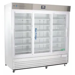This upright lab refrigerator provides 69 cubic feet of storage capacity with a sliding glass door for easy access. It maintains a temperature range of 2°C to 7°C, suitable for storing pharmacy and vaccine products. The unit uses R-290 refrigerant and features a temperature alarm. Overall depth is 33 1/4 inches.