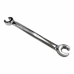Alloy steel flare nut wrench with polished finish. Double-end, standard-head, 6-point design. 13 mm and 14 mm head sizes, 7 in overall length. Used for tightening or loosening flare nuts on brake lines, fuel lines, and hydraulic fittings.
