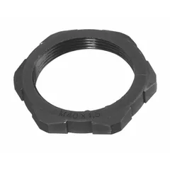 Nylon lock nut with metric M40 thread, black finish. Secures cable grips in industrial electrical installations for strain relief and grounding. Suitable for use in control panels, machinery, and conduit systems.