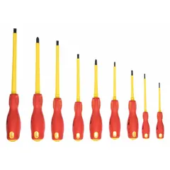 This 9-piece insulated screwdriver set includes Phillips and slotted tip styles, with a #2 size for common applications. Designed for electrical work, the set provides protection against electric shock when used on live circuits. Suitable for tightening or loosening screws in panels, terminals, and equipment.