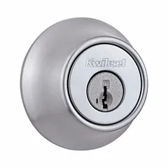 Standard cylindrical deadbolt for doors up to 1 3/4 in thick. Satin chromium-plated finish with Kwikset KW1 keyway. Core included. Not ADA compliant. Used for keyed entry from outside and thumb-turn locking from inside in residential and light commercial applications.