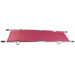 Standard stretcher with aluminum frame and polypropylene straps. Maximum weight capacity 350 lb. Dimensions 87 in length by 20 in width. Not foldable. Color orange. Used for patient transport and immobilization in emergency medical and rescue operations.