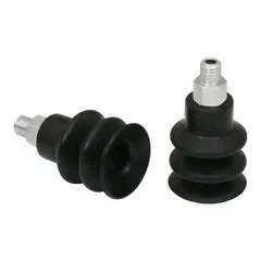 Multi-bellows vacuum pad assembly with 2.5 folds, designed for handling delicate components in automated pick-and-place systems. Features M5 connection, 19 mm pad diameter, NBR material with 55 A durometer, black color, and 27.6 mm pad height.