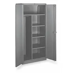 Industrial combination cabinet with a 14 ga steel panel, gray finish, and a swing handle with padlock hasp for security. Includes 4 adjustable shelves and a hanging rod, suitable for storing tools, equipment, and garments in workshops, warehouses, and maintenance facilities.