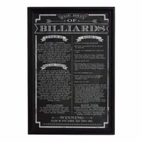 Wood wall art displaying official billiard game rules. Features black and white acrylic elements. Includes mounting hardware. Suitable for game rooms, bars, or recreation spaces