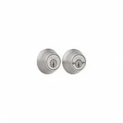 Standard cylindrical deadbolt with a satin chromium-plated finish. Includes a conventional core cylinder with Kwikset KW1 keyway. Designed for doors up to 1 3/4 inches thick. Suitable for applications requiring key access from both sides, such as doors with glass panels or near windows.