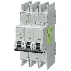 This 3-pole miniature circuit breaker features a D-curve trip characteristic for applications with high inrush currents, such as motor and transformer circuits. It is UL489 listed for branch circuit protection and mounts on a DIN rail. Rated 6 A, 125V DC, with a maximum interrupting rating of 10kA at 277/480V AC. Terminal connection is screw clamp.