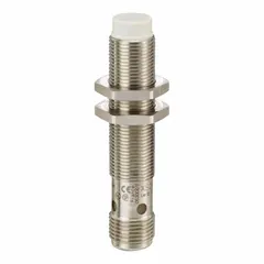 Inductive cylindrical proximity sensor with built-in connector, unshielded, PNP output. Operates on 12-24V DC supply. Used for non-contact detection of metallic objects in industrial automation applications such as position sensing, part detection, and machine control.