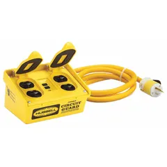 Plug-in GFCI cord with manual reset, 6 ft length, 14/3 SJTW wire, NEMA 5-15P plug and 5-15R receptacle. Rated 15 A at 120V AC. Provides ground-fault protection for tools and equipment in industrial, commercial, and construction settings.