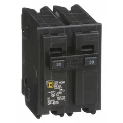 The SQUARE D HOM230 is a 30 A, 2-pole miniature circuit breaker from the HOM Series, rated 120/240V AC with a maximum interrupting rating of 10kA at 120/240V AC. It is designed for plug-in installation in Homeline load centers, providing overcurrent protection for branch circuits in single-phase systems.