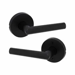 This storeroom lever lockset features a rose style with a black painted zinc finish. It is ADA compliant and designed for ANSI F75 Hall function, allowing keyed entry from outside and free egress from inside. Suitable for commercial or institutional doors such as storage rooms, utility closets, or back-of-house areas. Not ligature-resistant and has no visual indicator.