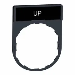 Rectangular non-metallic legend plate for 22 mm panel-mounted push buttons. Features a black/red body with a white English 'Up' legend and tab attachment. Overall height 1 5/8 in, width 1 3/16 in. Part of the XB4 series for industrial control panel applications.