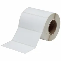 Acrylic permanent adhesive label roll with inkjet print-receptive material. Each roll contains 250 precut labels measuring 2 in x 4 in. Designed for use with Brady J2000 printer series. Suitable for industrial labeling applications such as asset tracking, equipment identification, and safety signage.