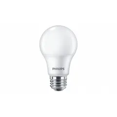 This PHILIPS LED lamp features an A19 classic shape with a frosted finish and an E26 medium screw base. It consumes 9 watts and produces a warm 2700K color temperature. Suitable for general illumination in residential and commercial fixtures such as table lamps, ceiling fans, and open fixtures.