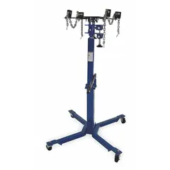 Mechanical transmission jack with 0.35 ton load capacity, featuring a steel frame and manual handle lifting actuator. Secures loads with a chain mechanism. Used for lifting, positioning, and supporting vehicle transmissions during removal and installation in automotive repair settings.