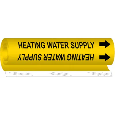BRADY Pipe Marker: Heating Water Supply, Yellow, Black, Fits 1/2 to 1 3/8 in Pipe O.D. - Heating Water Supply Wrap-Around Pipe Markers