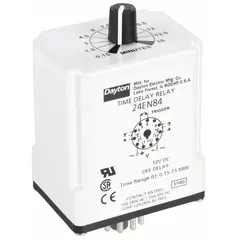 This socket-mounted time delay relay is configured for off-delay operation, rated at 12V DC and 10 A with 11 pins/terminals. It is used in industrial control panels to sequence shutdowns or delay power removal after a trigger signal stops, commonly applied in motor control, conveyor systems, and HVAC equipment.