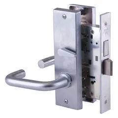 Privacy lever lockset with ANSI F19 function, allowing locking from inside with push-button or turn piece while outside remains unlocked for emergency access. Features satin chromium-plated stainless steel finish, 40H escutcheon style, and interchangeable core. ADA compliant. Suitable for interior doors requiring privacy, such as bathrooms or bedrooms in commercial or institutional settings.