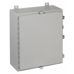 This WIEGMANN steel enclosure measures 20 x 16 x 10 inches and features a solid hinged cover with a padlock hasp closure. Rated NEMA 12/13/4, it provides protection against dust, falling dirt, dripping non-corrosive liquids, and hose-directed water. Suitable for housing electrical controls and instruments in industrial washdown areas.