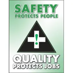 This 22 in x 17 in plastic poster features a clear film laminate protective coating and is printed in English on a green background. It is designed for use in industrial facilities to communicate safety and quality messages, reinforcing workplace safety culture and quality awareness in manufacturing, warehousing, and maintenance environments. The poster does not include a frame or a write-on surface.