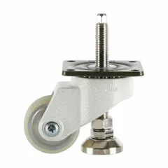 Medium-duty leveling plate caster with extended stem for height adjustment. Features a 63 mm polyurethane tread wheel and 98 mm mounting height. White frame. Suitable for positioning and leveling industrial equipment, carts, and machinery in manufacturing and warehousing environments.