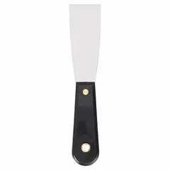 This standard scraper features a carbon steel blade with a stiff, tapered shape for controlled material removal. The polypropylene handle provides a secure grip. Suitable for general scraping tasks such as removing paint, adhesive, or debris from flat surfaces in maintenance and workshop settings.