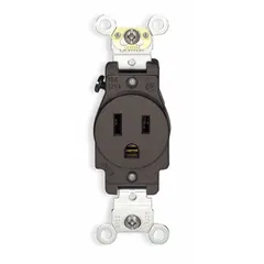 Single general-purpose receptacle rated 125V AC, 15A with NEMA 5-15 configuration, 2-pole/3-wire grounding. Gray finish. Suitable for flush mounting in standard wall boxes for powering office equipment, light machinery, and general appliances in commercial and industrial settings.