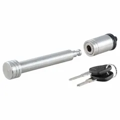 This CURT receiver lock is constructed from stainless steel with a polished silver finish. It includes two keys and is designed to secure trailer hitch receivers, helping prevent theft or accidental detachment in towing applications.