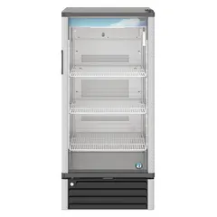 This HOSHIZAKI glass door refrigerator merchandiser features a silver finish, swing door, and three adjustable shelves. It uses R-290 refrigerant and includes a lock. Suitable for displaying and storing chilled beverages or packaged foods in commercial settings.