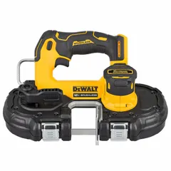 The DEWALT DCS375B is a cordless band saw (tool only) with a 27-inch blade length and maximum cutting dimensions of 1-3/4 inches in both length and width. Designed for cutting metal, conduit, and pipe, it is suitable for use in tight spaces and overhead applications. This model does not include a dual trigger and requires a DEWALT battery and charger (not included).