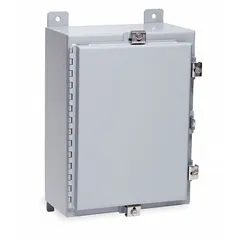 This steel enclosure measures 20 x 16 x 6 inches and features a solid hinged cover with clamp closure. Rated NEMA 12/13/4, it provides protection against dust, falling dirt, dripping non-corrosive liquids, and hose-directed water. Suitable for industrial washdown environments such as factories and processing lines. Knockouts are not included.