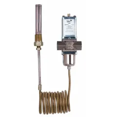 Three-way temperature-actuated water regulating valve with brass body, designed for R-134A refrigerant systems. Modulates water flow to maintain stable discharge pressure. Maximum flow capacity of 15 gpm, operating temperature range 75°F to 135°F. Used in commercial HVAC and industrial process cooling applications.