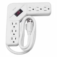 General-purpose power strip with six outlets, 6 ft cord, 15 A current rating, and 5-15P plug. White finish with keyhole mounting. Suitable for powering office equipment, workstations, and light industrial tools. Not UL rated for healthcare environments