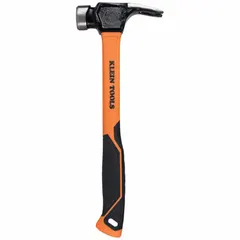 Steel straight-claw hammer with a 26 oz head weight, milled face, and fiberglass handle. Textured grip provides control. Lanyard hole allows tethering. Suitable for framing, driving, and general construction tasks.