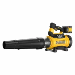 Battery-powered handheld blower with a 12.0 Ah FLEXVOLT battery. Delivers up to 760 cfm maximum air flow and 160 mph maximum air speed. Features three selectable speeds for variable operation. Suitable for clearing leaves, debris, and dust from outdoor areas, workshops, and construction sites.