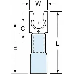 Heat shrink insulated locking fork terminal with brazed barrel, rated 600 V. Accepts 16 AWG to 14 AWG wire and fits #8 stud size. Used for secure electrical connections in control panels, motor leads, and power distribution.