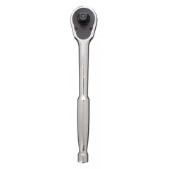 This standard-head ratchet features a reversible drive and chrome finish. With a 5° minimum arc swing and 10-inch overall length, it is suited for tightening and loosening fasteners in confined spaces. The pear head design and quick-release mechanism facilitate efficient operation in automotive, machinery, and general assembly tasks.