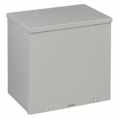 This WIEGMANN steel enclosure measures 18 x 15 x 8 inches and is rated NEMA 3R for protection against rain and sleet. It features a painted finish, a solid screw-on cover secured by a padlock hasp, and does not include knockouts. Suitable for housing electrical controls, terminals, and instruments in indoor or outdoor applications.