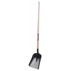 Standard scoop shovel with a 14-gauge steel blade, natural finish. Blade measures 13 3/4 inches long and 11 1/4 inches wide. Used for moving loose materials such as gravel, sand, or grain in construction, landscaping, and agricultural applications.