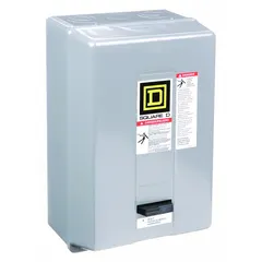 NEMA Size 2 enclosed non-reversing magnetic motor starter rated 45 A, 2 poles, single-phase, with a 220/240V AC coil. Screw clamp terminals. Requires one melting alloy thermal unit (not included). No auxiliary contacts, pilot light, or operator controls. Suitable for starting and protecting single-phase motors in applications such as conveyors, pumps, and fans.