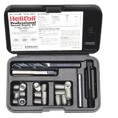 This kit contains 18-8 stainless steel helical inserts and a 7/16"-14 STI tap for restoring damaged internal threads in metal components. The free-running, right-hand coarse thread inserts provide a plain finish repair suitable for industrial maintenance and automotive applications.