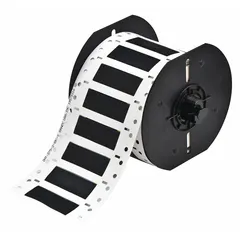 Precut sleeve label roll made of polyvinylidene fluoride with a black matte finish. Each label measures 3/8 in x 2 in and is designed for wire gauges 4 AWG to 8 AWG. Compatible with the BBP33 printer series for on-demand printing. Used for durable identification of wires and cables in industrial environments.