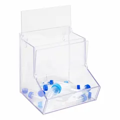 Wall-mounted bulk bin made of clear PETG for visibility of contents. Overall dimensions: 8 5/8 in width, 9 1/8 in height, 8 3/4 in length. Suitable for organizing miscellaneous lab supplies in laboratory or industrial settings.